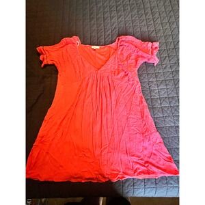 Umgee USA Coral Orange V-Neck Babydoll Tunic Top Lace Trim Short Sleeve Small